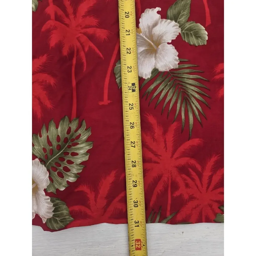 Rima Mens XL Button Up Hawaiian Shirt Red Floral Palms Short Sleeve Aloha